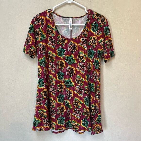 LulaRoe Women’s Pink Yellow Green Rose Short Leave Stretch Top Size Small - Picture 1 of 13